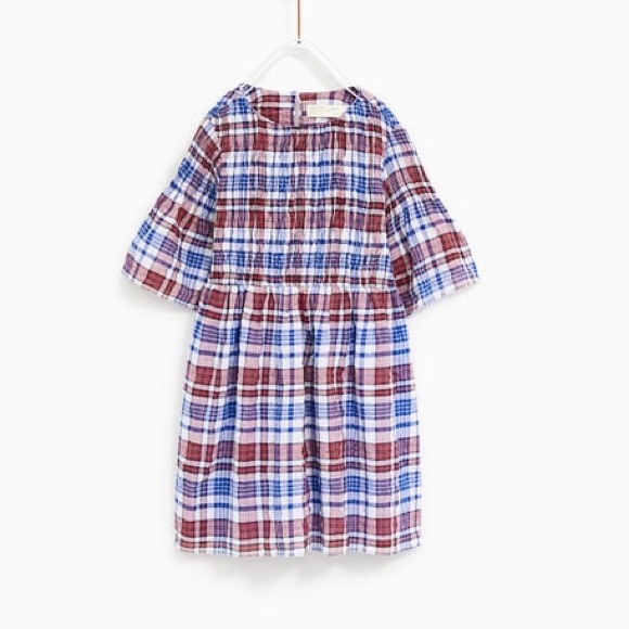 zara blue check dress GINGHAM CHECK DRESS - White / Sky blue